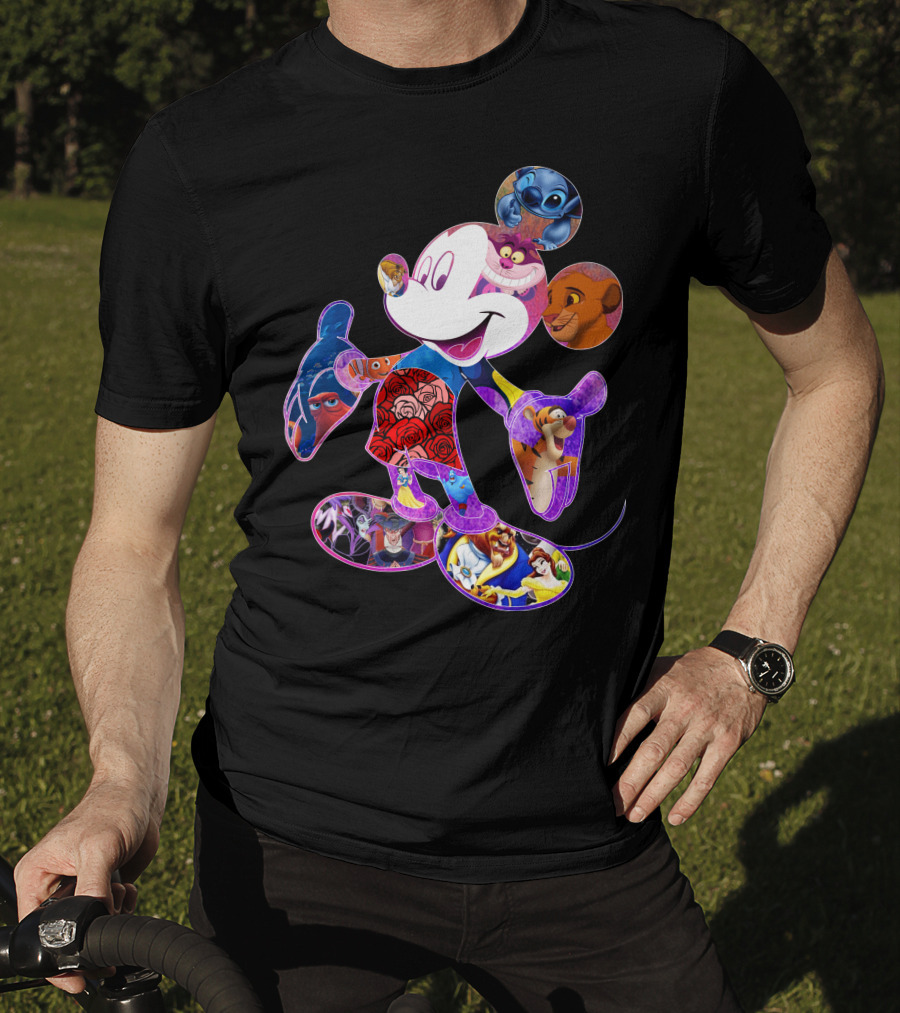 Mickey Mouse Collage Featuring Disney Characters From Lilo & Stitch The Lion King Finding Nemo Winnie The Pooh The Little Mermaid Beauty And The Beast T-Shirt