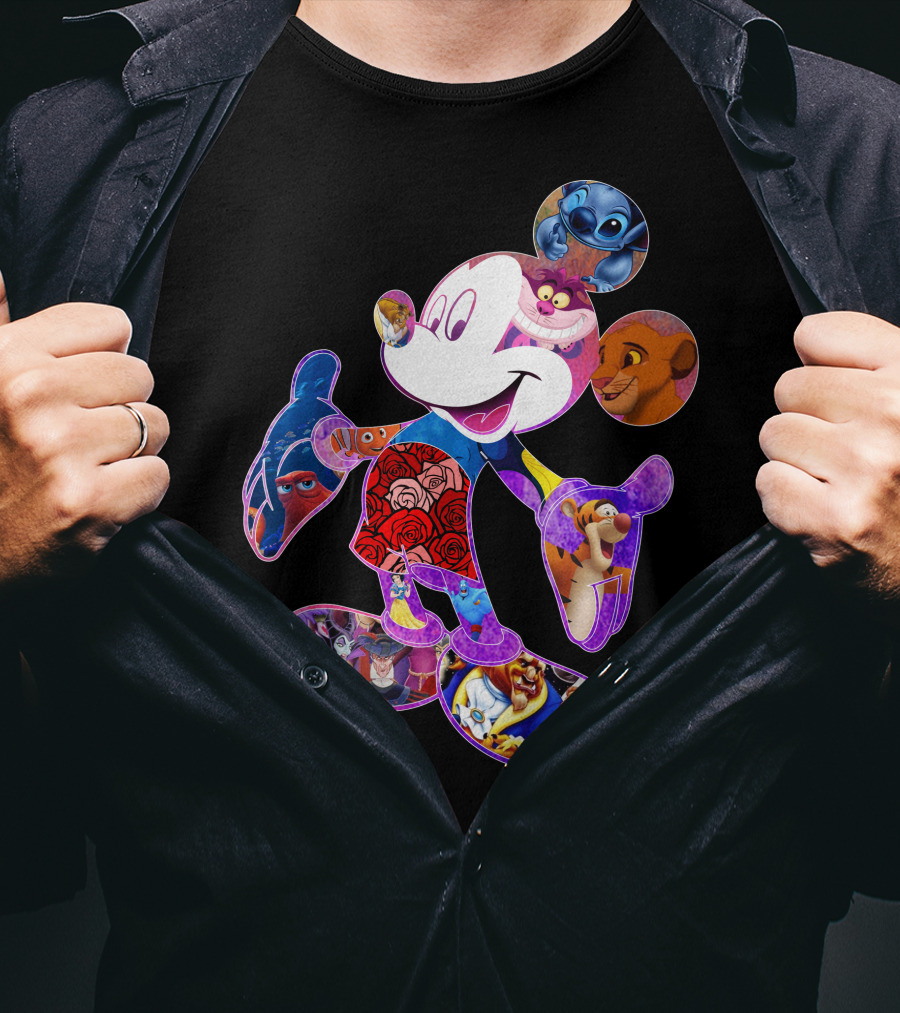 Mickey Mouse Collage Featuring Disney Characters From Lilo & Stitch The Lion King Finding Nemo Winnie The Pooh The Little Mermaid Beauty And The Beast T-Shirt