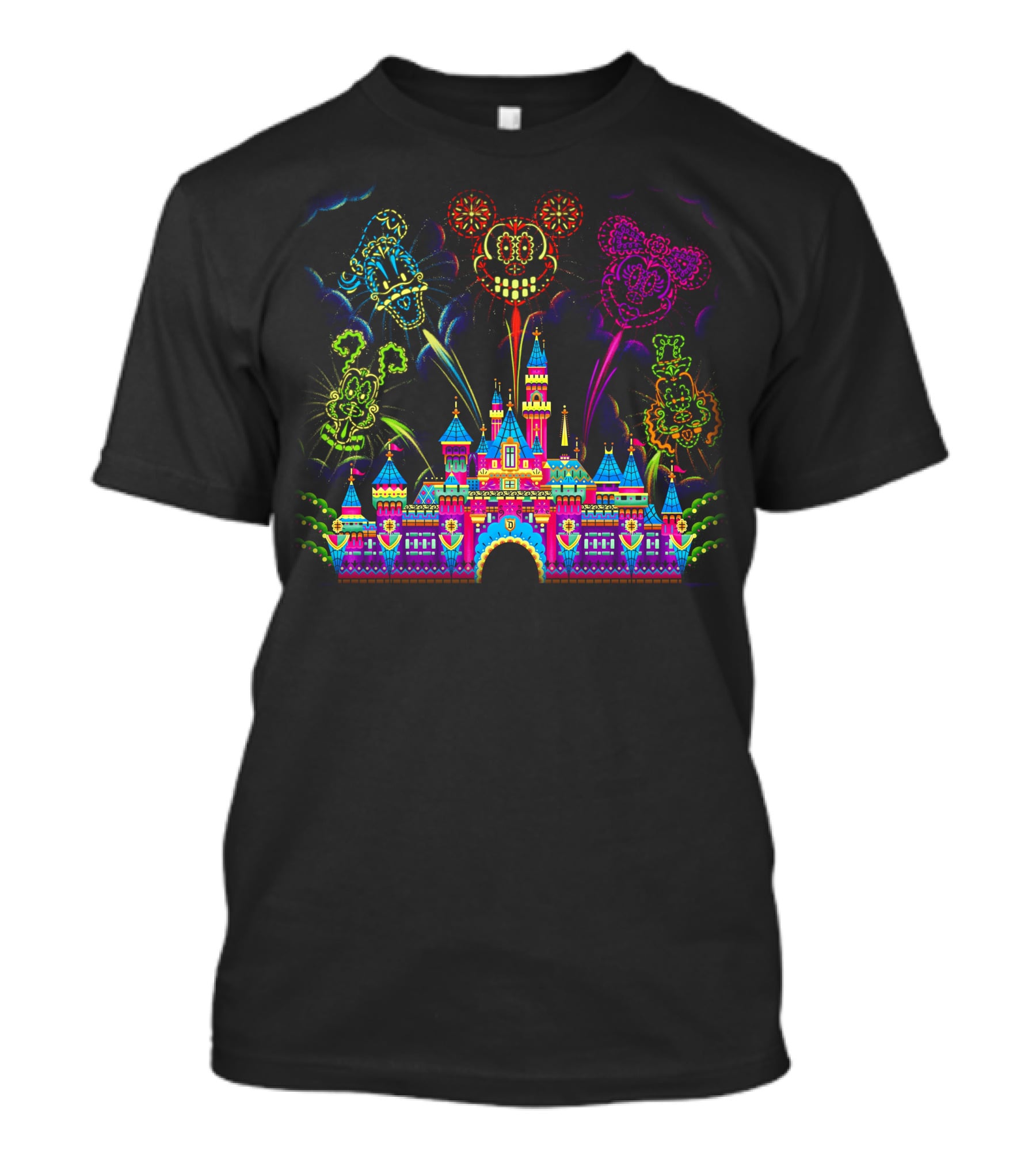 Disney Neon Fireworks Castle Mickey Minnie Goofy T-Shirt