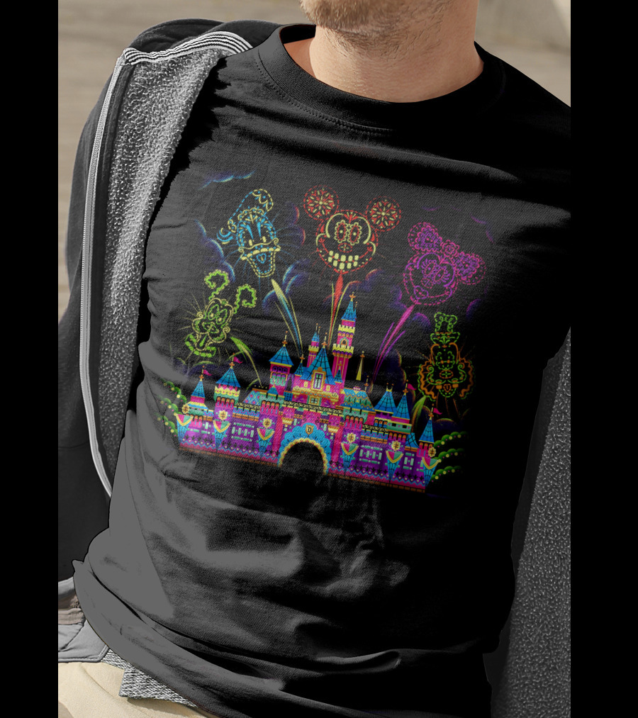 Disney Neon Fireworks Castle Mickey Minnie Goofy T-Shirt