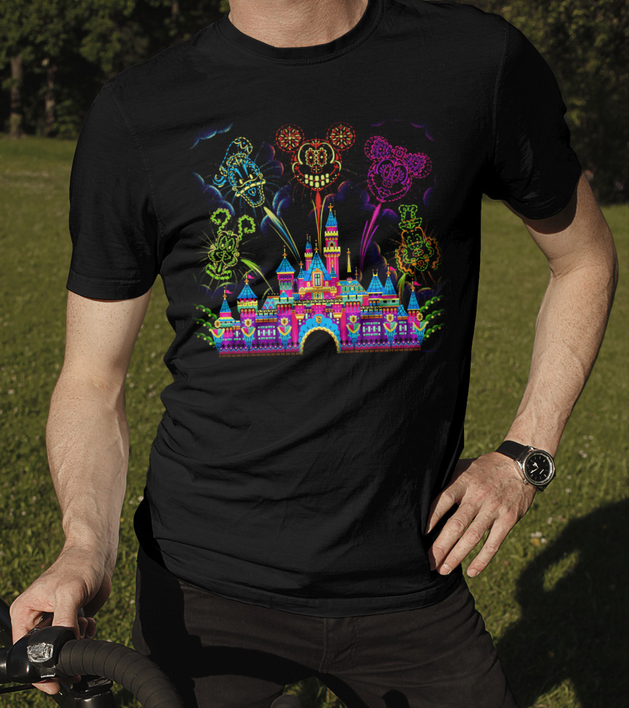 Disney Neon Fireworks Castle Mickey Minnie Goofy T-Shirt