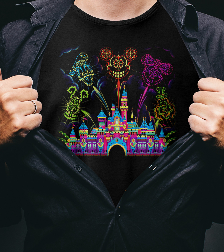 Disney Neon Fireworks Castle Mickey Minnie Goofy T-Shirt