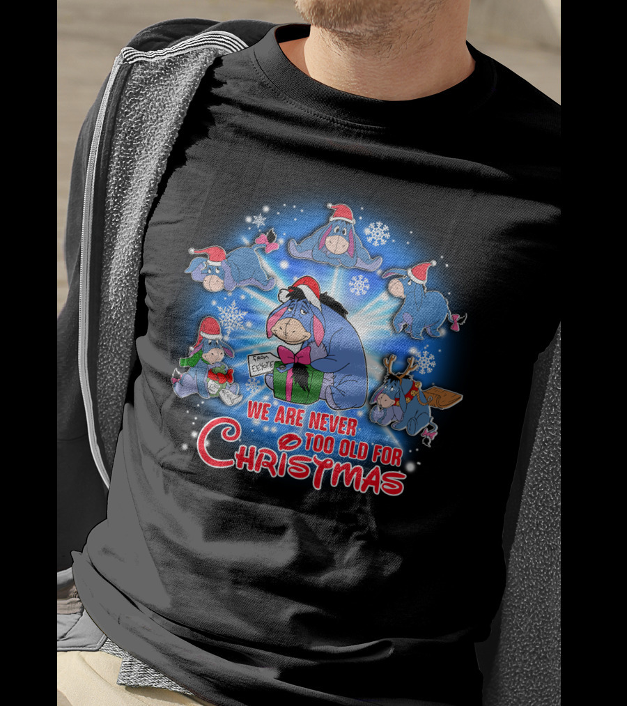 We Are Never Too Old For Christmas Eeyore Santa Hat Snowflakes T-Shirt