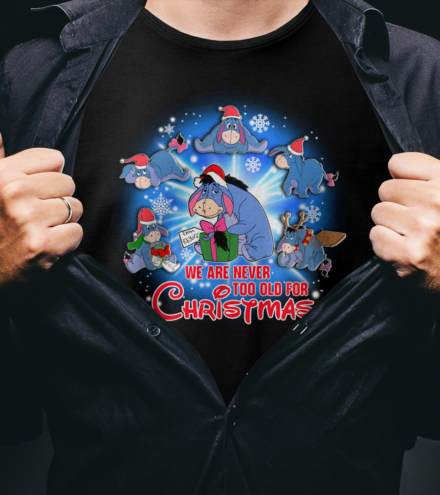 We Are Never Too Old For Christmas Eeyore Santa Hat Snowflakes T-Shirt