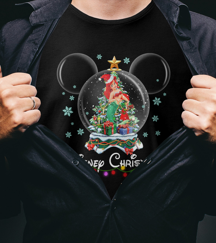 Disney Christmas Ariel Snow Globe Mickey Ears T-Shirt