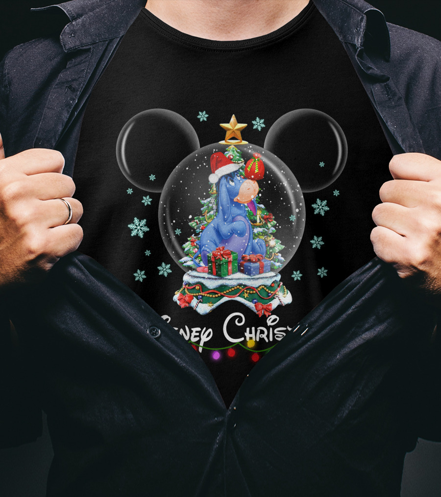 Disney Christmas Eeyore Snow Globe Mickey Ears Santa Hat T-Shirt