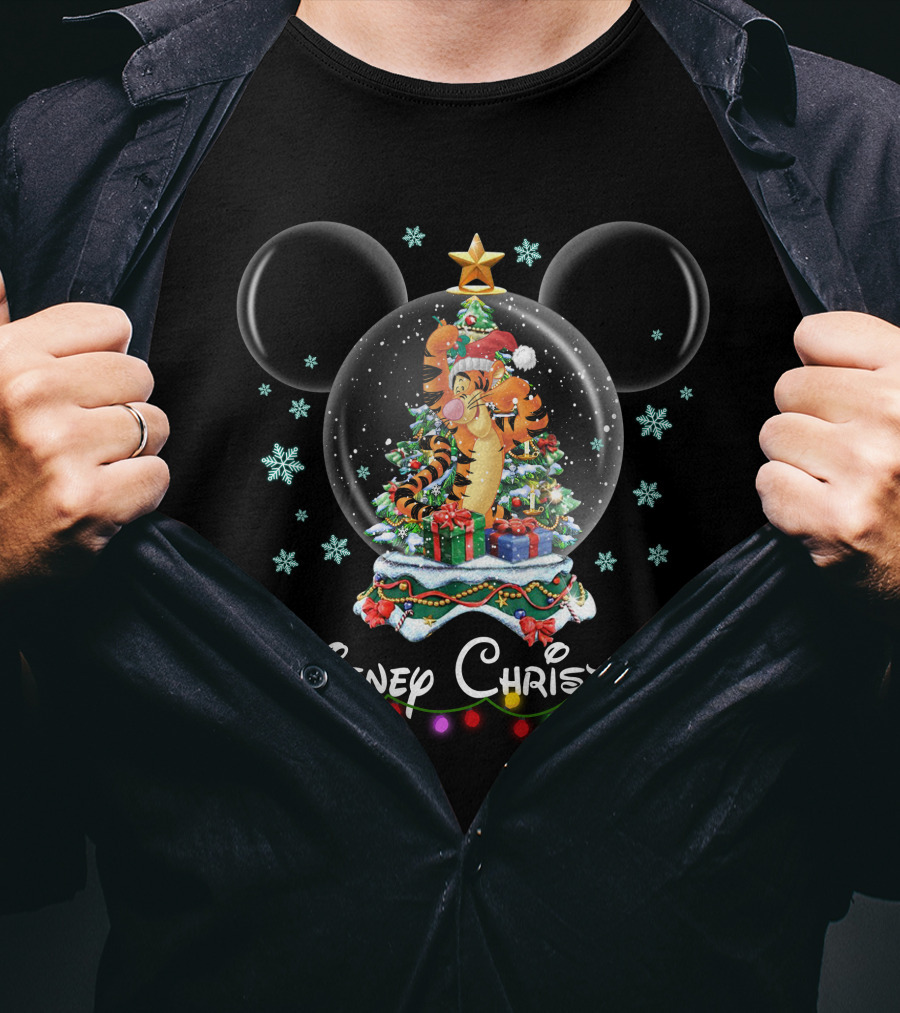 Disney Christmas Tigger Snow Globe With Mickey Mouse Ears And Holiday Presents T-Shirt