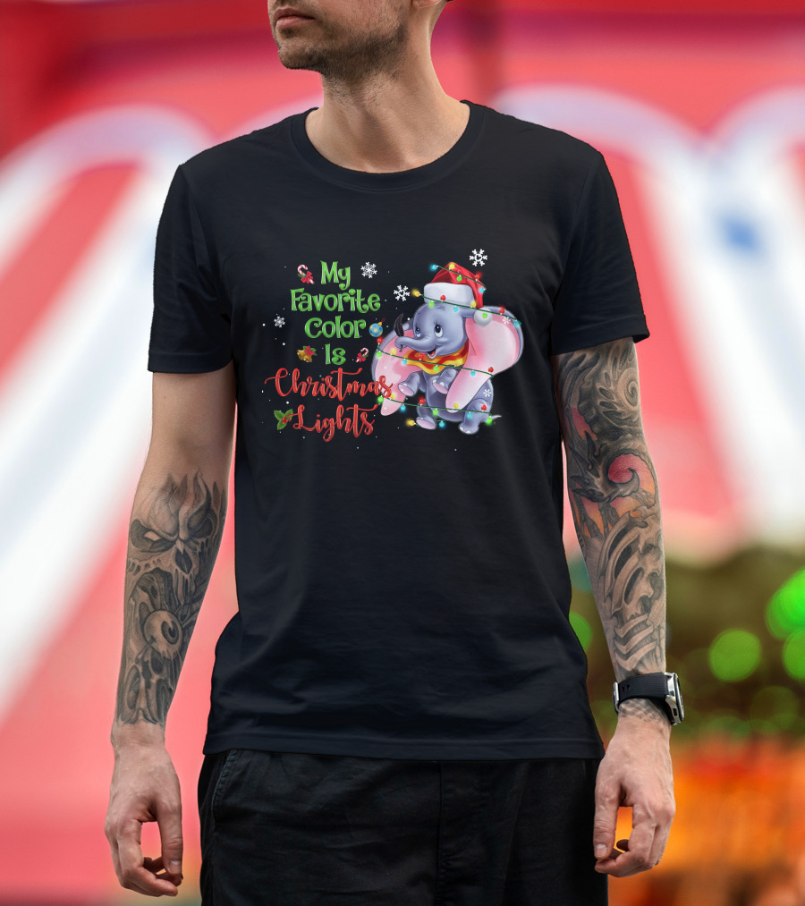 My Favorite Color Is Christmas Lights Dumbo Elephant Santa Hat Snowflakes Garland T-Shirt