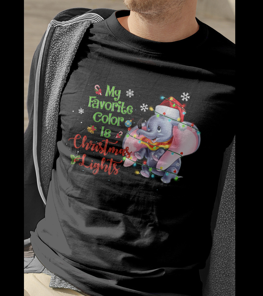 My Favorite Color Is Christmas Lights Dumbo Elephant Santa Hat Snowflakes Garland T-Shirt