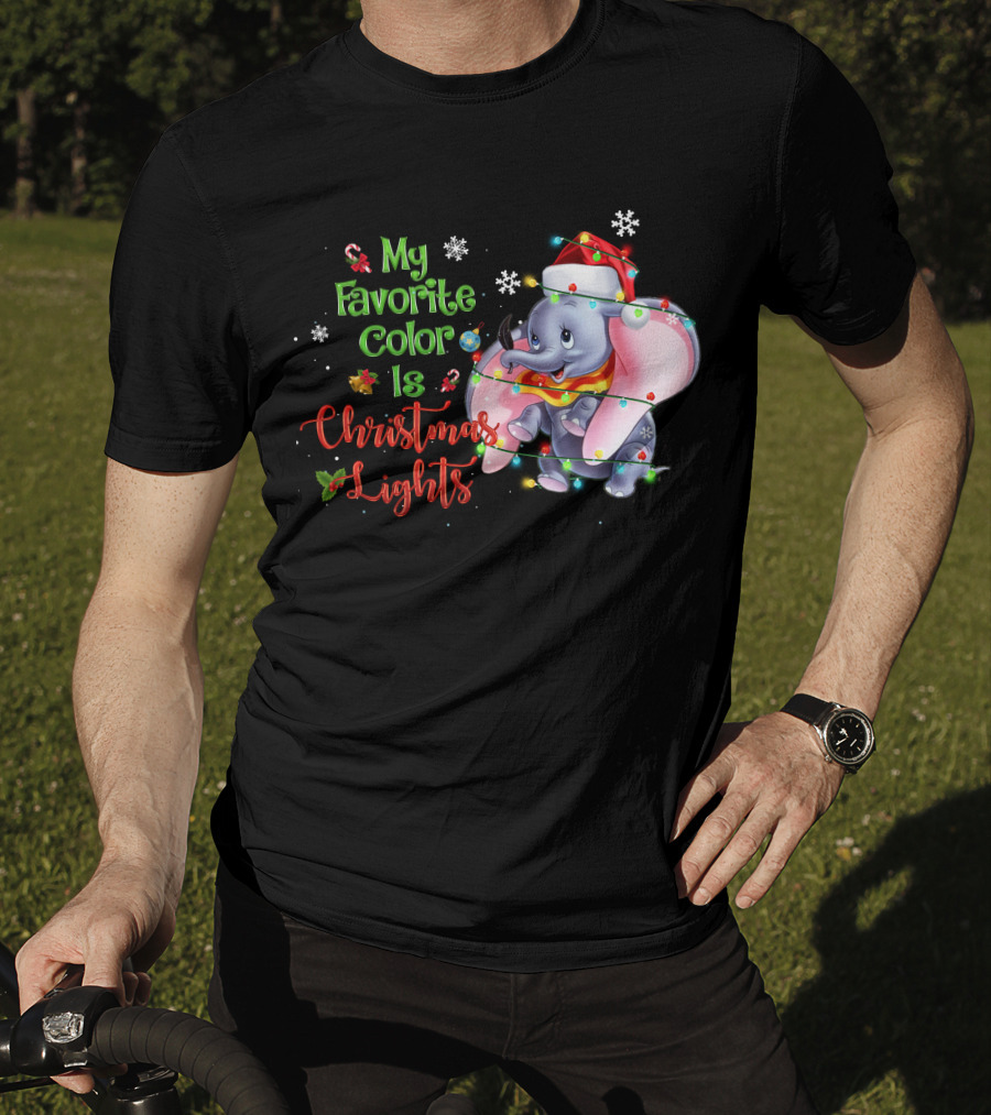 My Favorite Color Is Christmas Lights Dumbo Elephant Santa Hat Snowflakes Garland T-Shirt