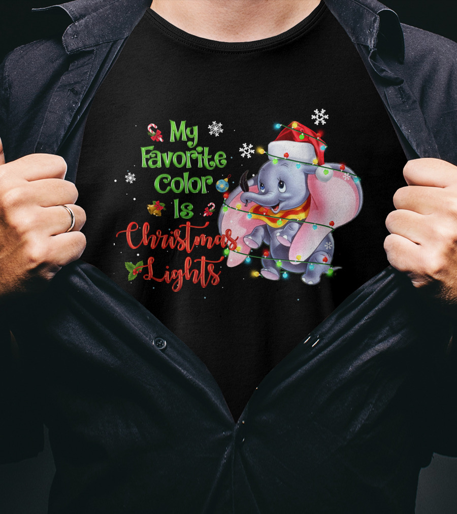 My Favorite Color Is Christmas Lights Dumbo Elephant Santa Hat Snowflakes Garland T-Shirt