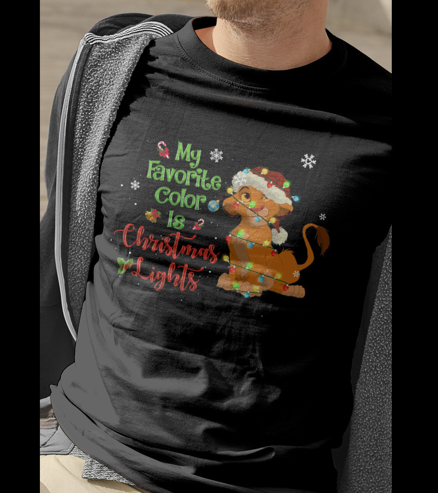 My Favorite Color Is Christmas Lights Simba Santa Hat Snowflakes T-Shirt