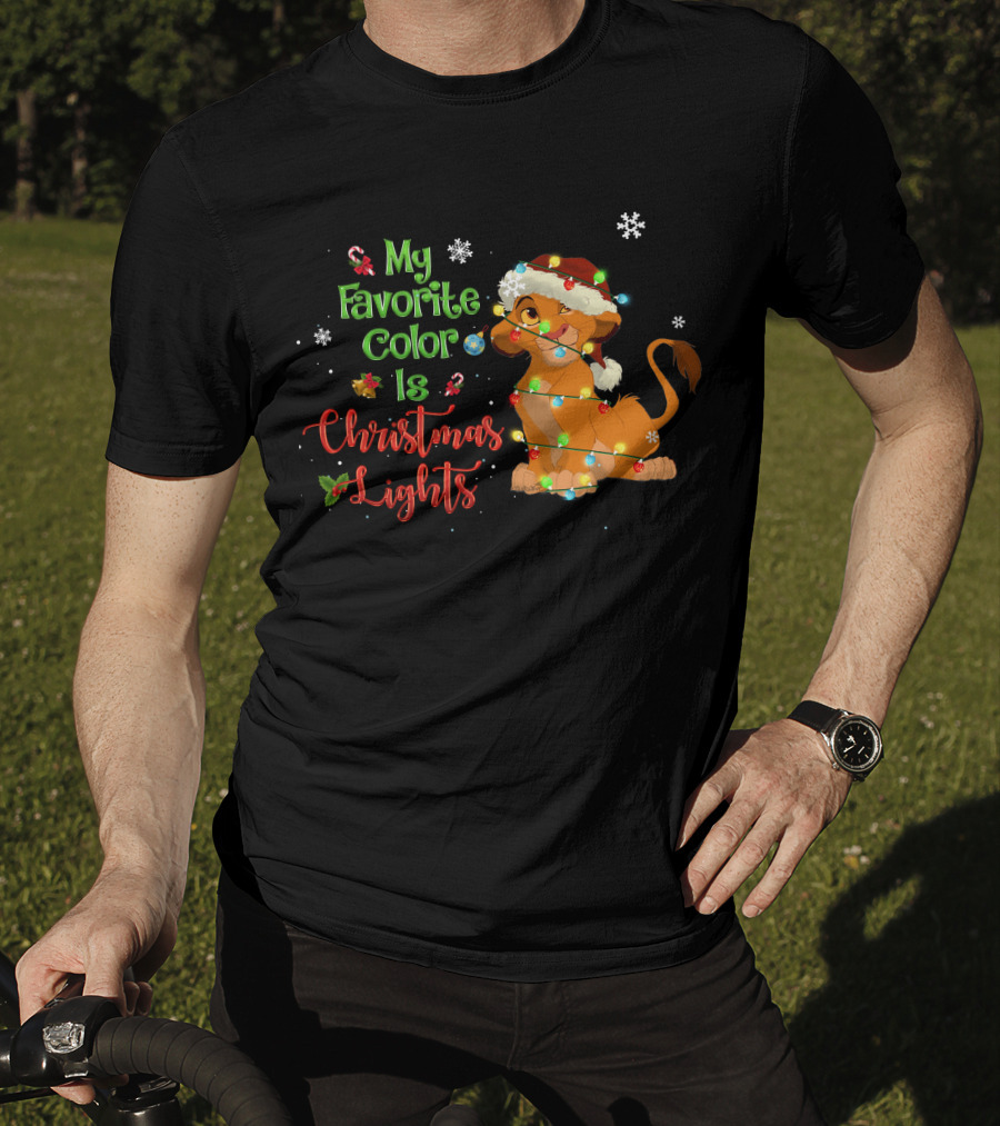 My Favorite Color Is Christmas Lights Simba Santa Hat Snowflakes T-Shirt