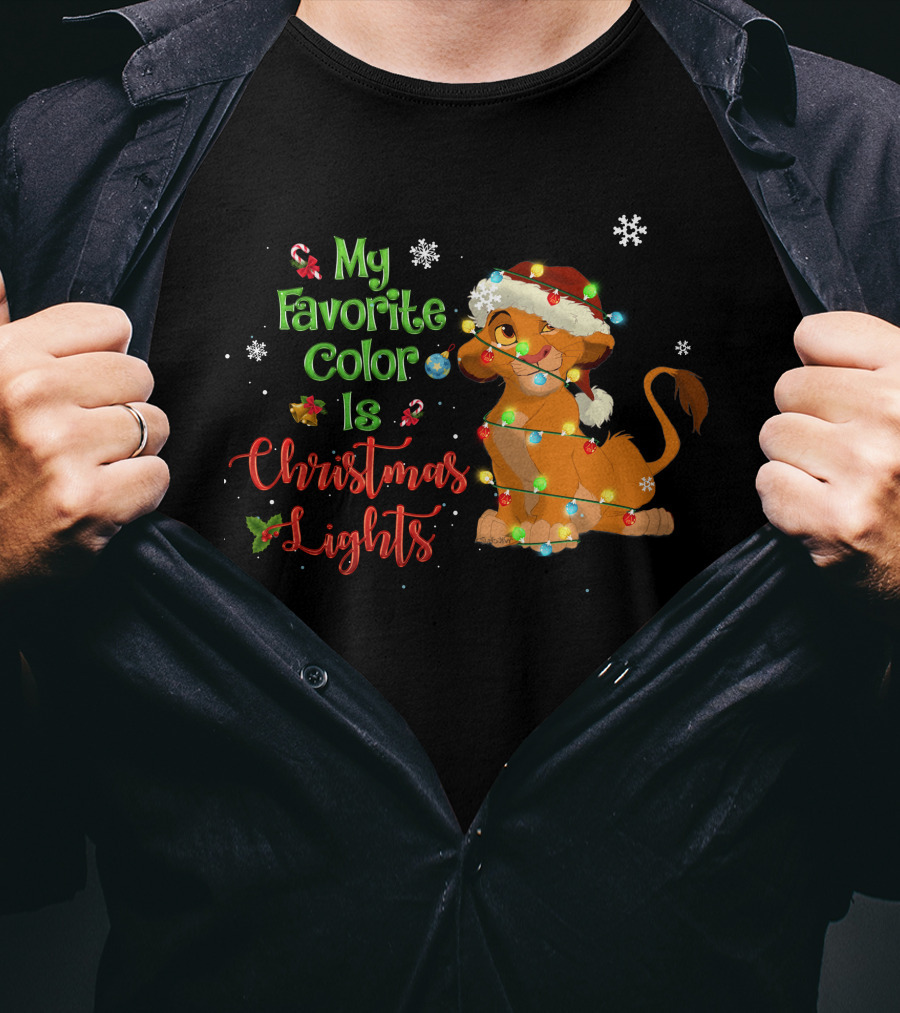 My Favorite Color Is Christmas Lights Simba Santa Hat Snowflakes T-Shirt