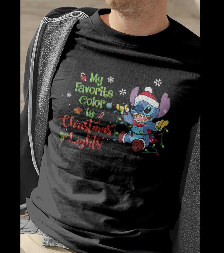 My Favorite Color Is Christmas Lights Stitch Holiday Lights Snowflakes Santa Hat T-Shirt