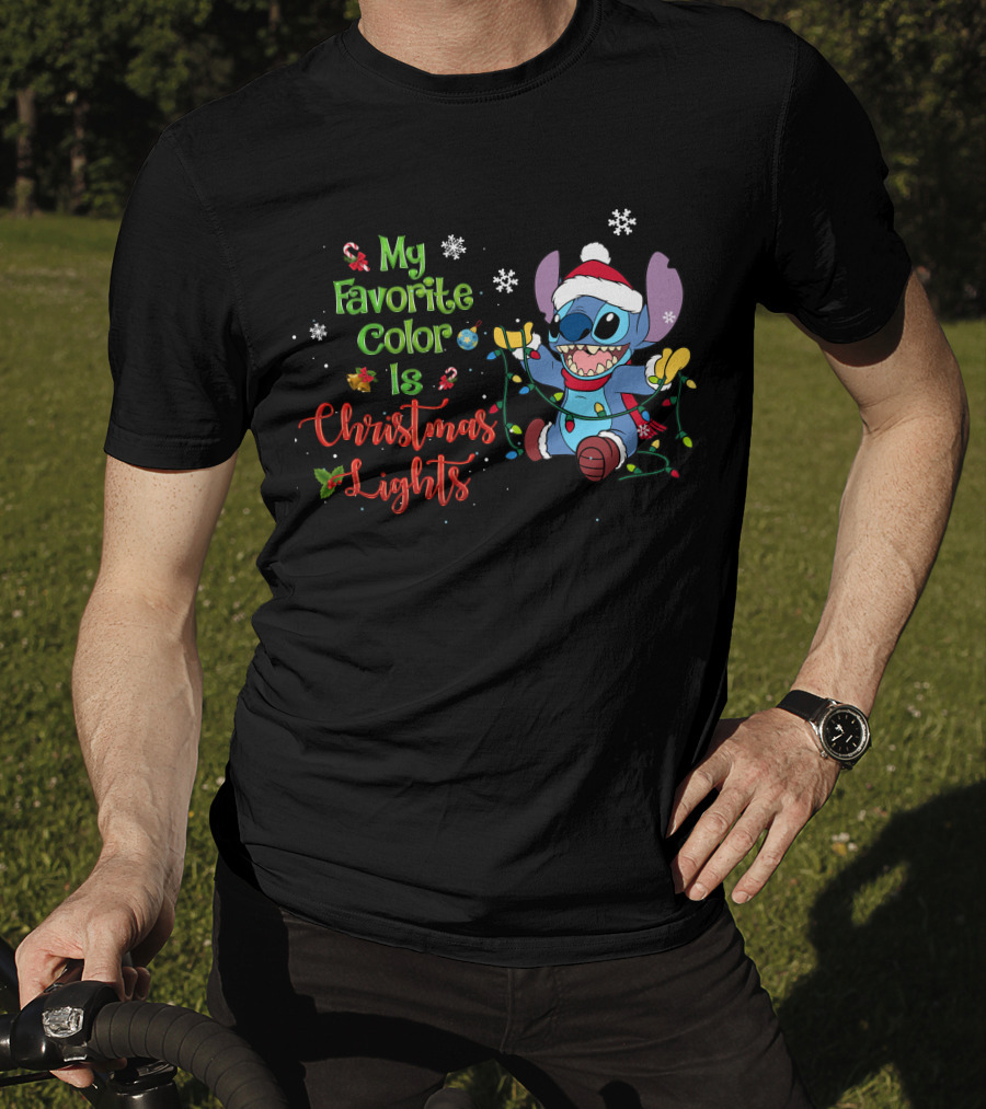 My Favorite Color Is Christmas Lights Stitch Holiday Lights Snowflakes Santa Hat T-Shirt