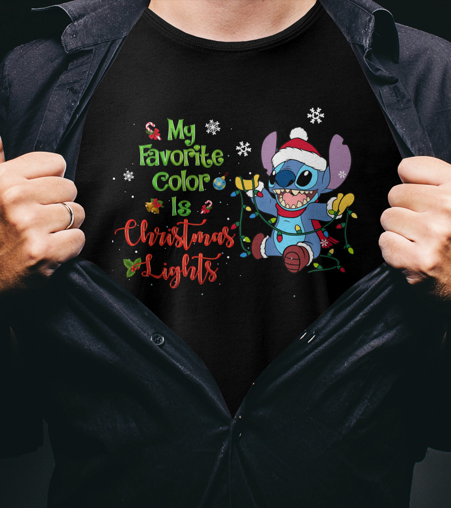 My Favorite Color Is Christmas Lights Stitch Holiday Lights Snowflakes Santa Hat T-Shirt