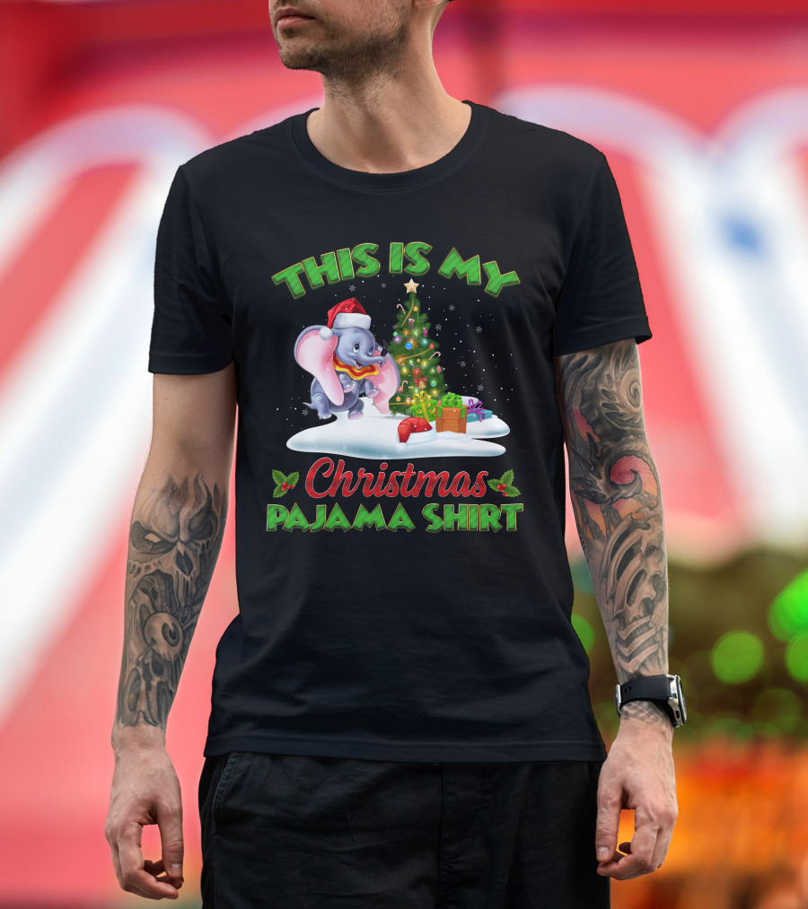This Is My Christmas Pajama Shirt Dumbo Santa Hat Christmas Tree Presents T-Shirt
