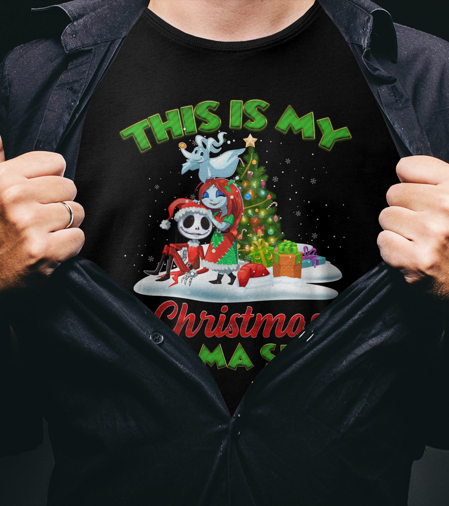 This Is My Christmas Pajama Shirt Jack Skellington And Sally Holiday Tree Scene T-Shirt