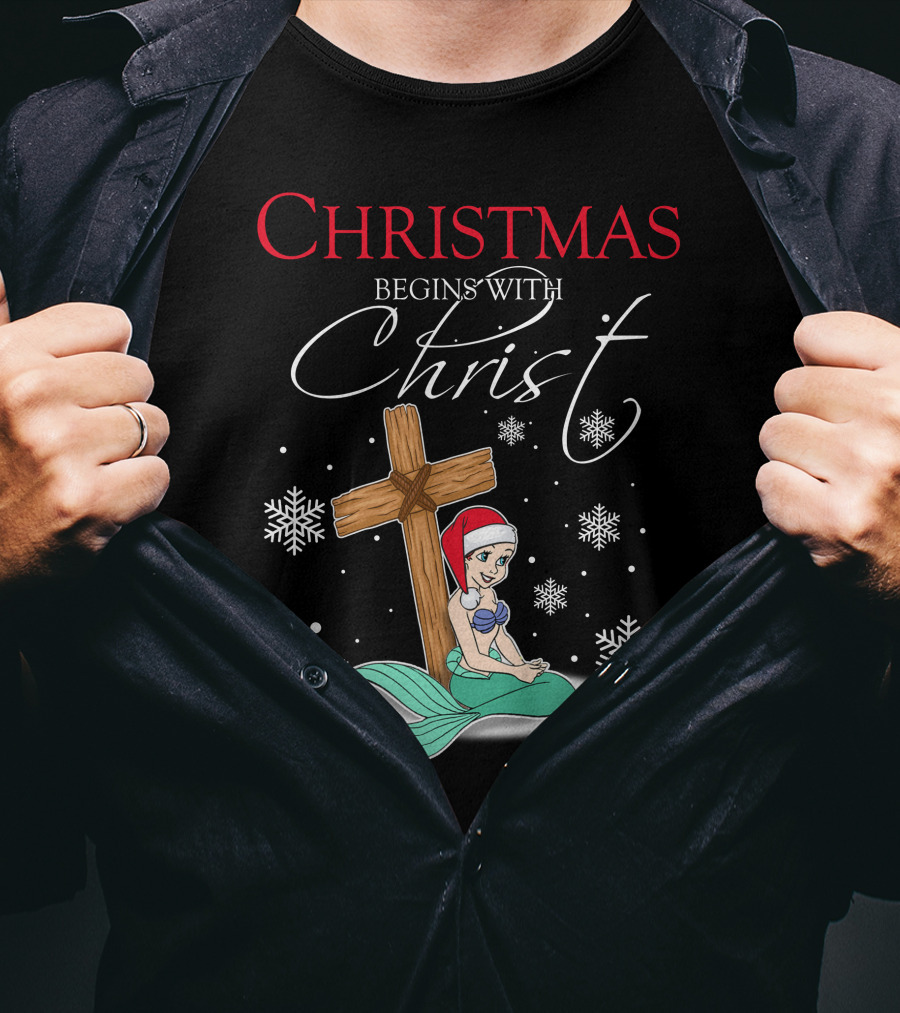 Christmas Begins With Christ Ariel Snowflakes T-Shirt