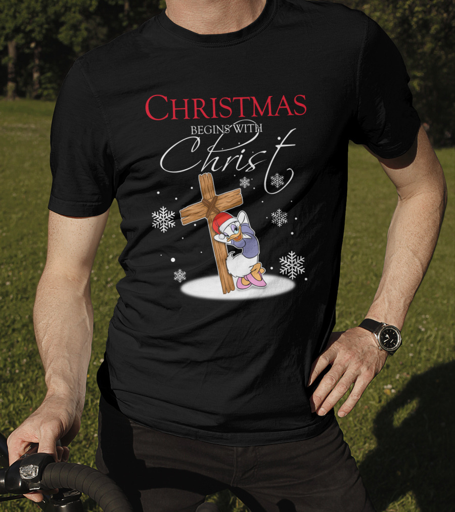 Christmas Begins With Christ Daisy With Cross And Snowflakes T-Shirt