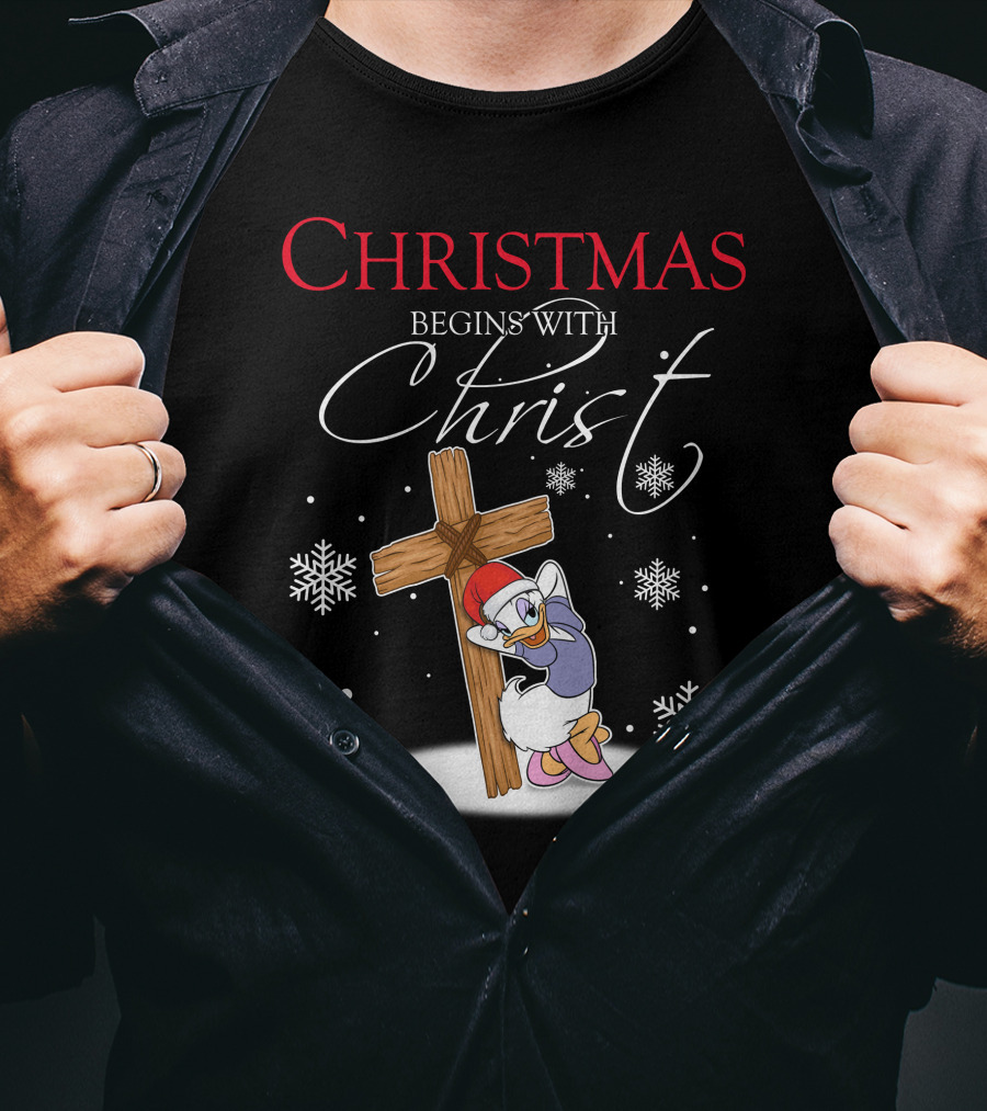 Christmas Begins With Christ Daisy With Cross And Snowflakes T-Shirt