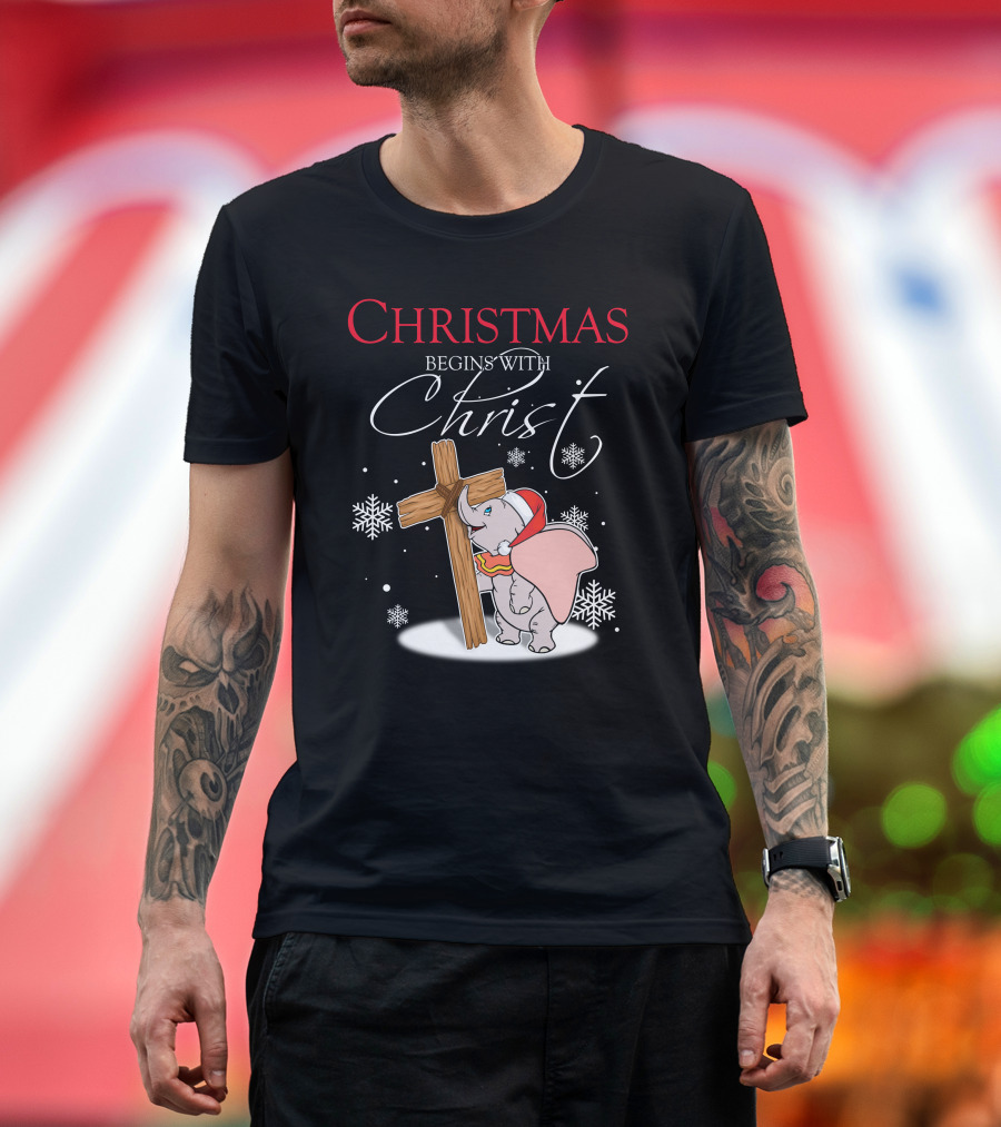 Christmas Begins With Christ Dumbo Santa Hat Cross Snowflakes T-Shirt