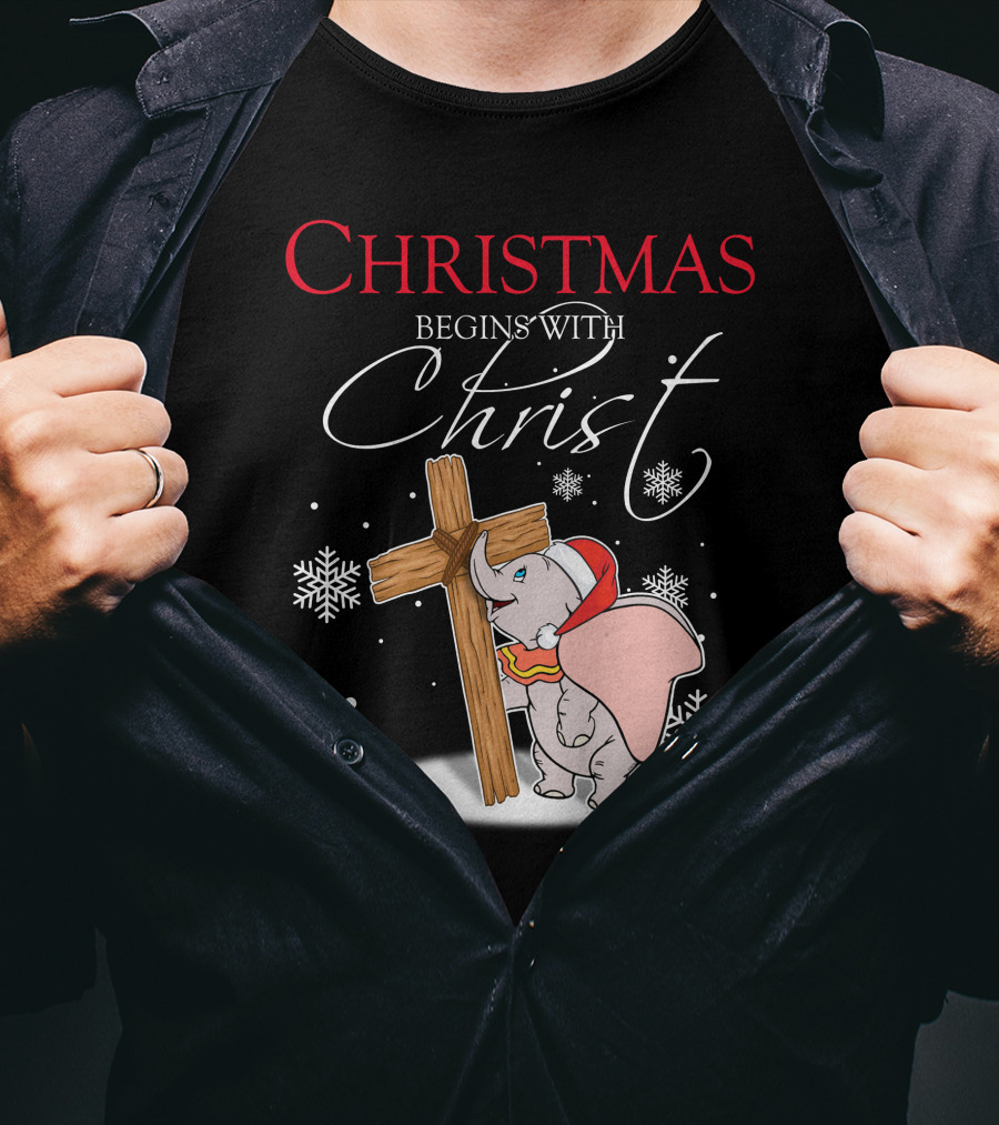Christmas Begins With Christ Dumbo Santa Hat Cross Snowflakes T-Shirt