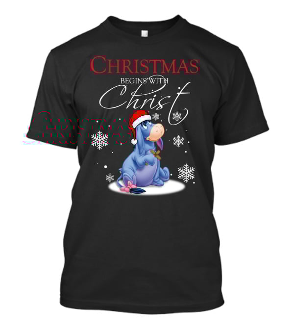 Christmas Begins With Christ Eeyore Santa Hat Snowflakes T-Shirt