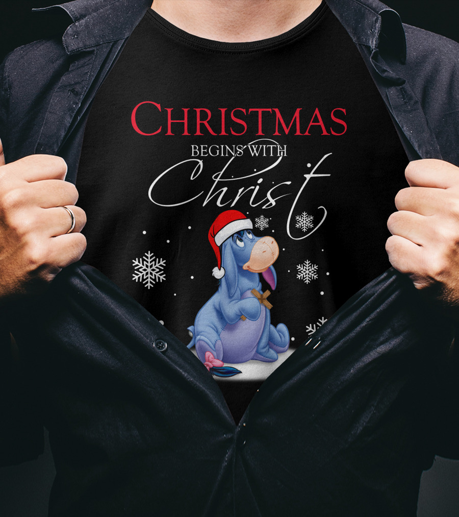 Christmas Begins With Christ Eeyore Santa Hat Snowflakes T-Shirt