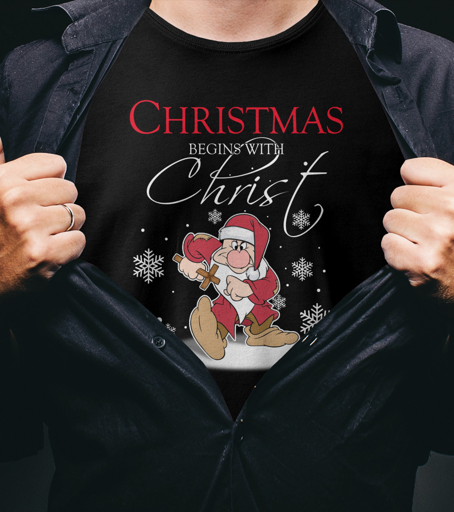 Christmas Begins With Christ Grumpy Santa Snowflakes T-Shirt