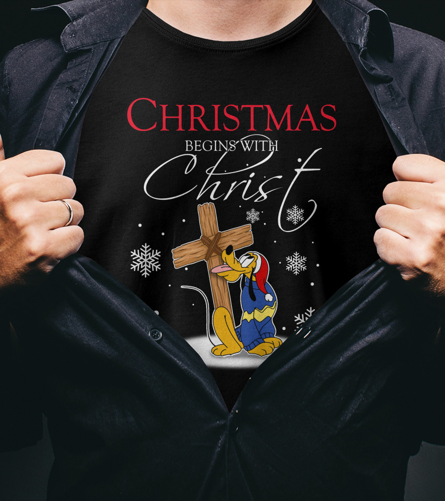 Christmas Begins With Christ Pluto Snowflakes Cross T-Shirt