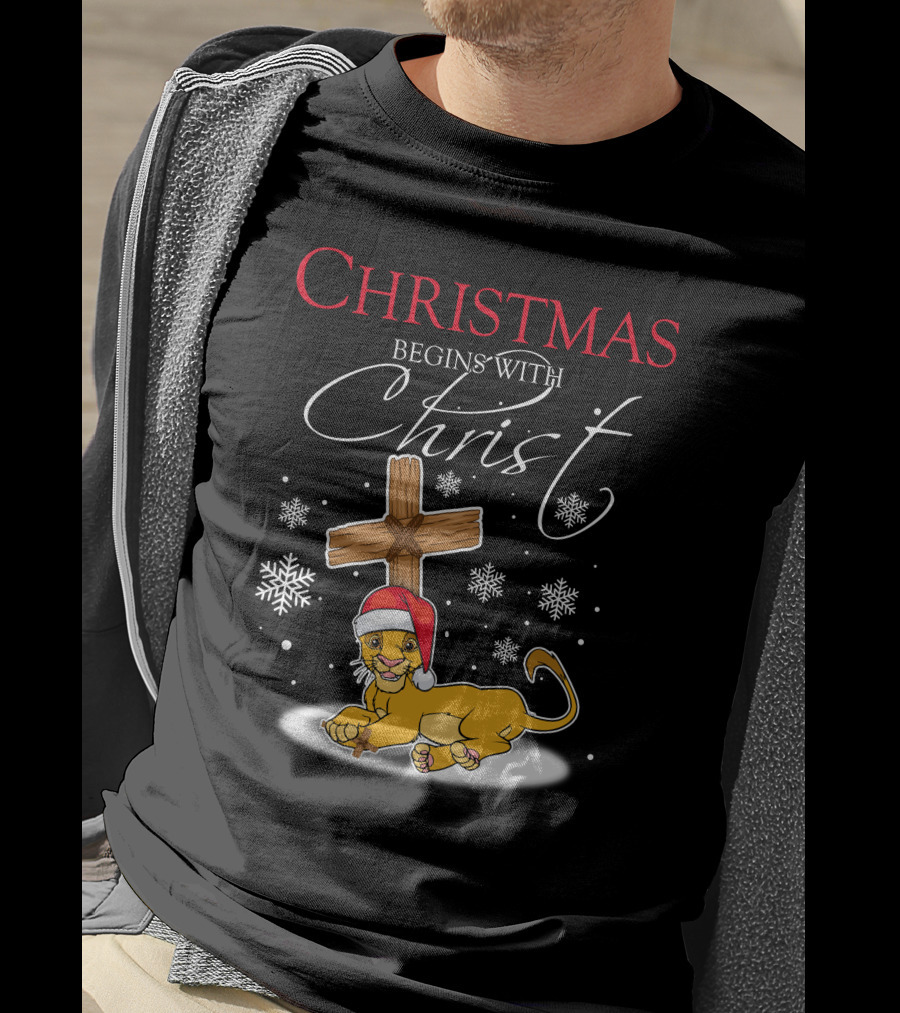 Christmas Begins With Christ Simba Snowflakes Santa Hat T-Shirt