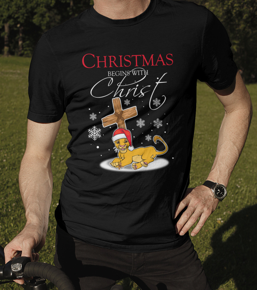 Christmas Begins With Christ Simba Snowflakes Santa Hat T-Shirt