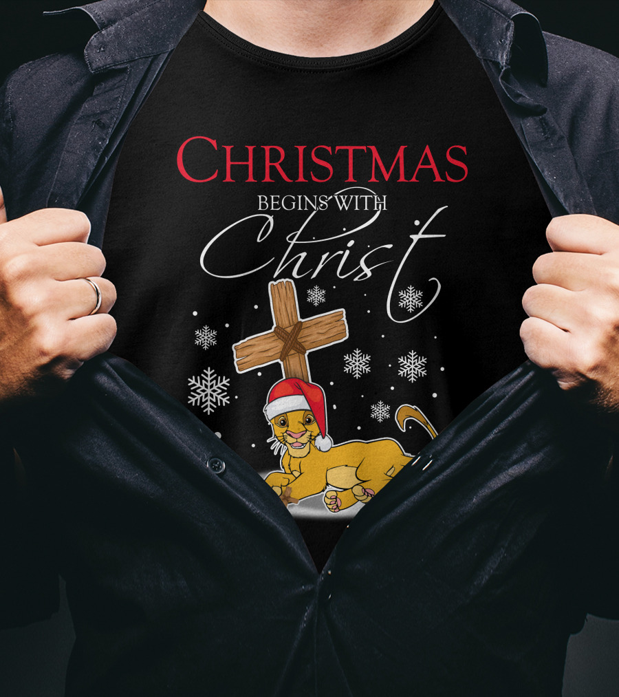 Christmas Begins With Christ Simba Snowflakes Santa Hat T-Shirt