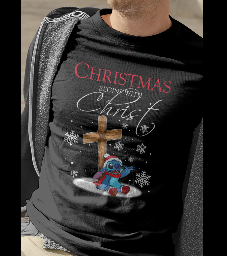 Christmas Begins With Christ Stitch Snowflakes T-Shirt