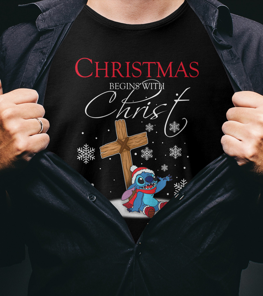 Christmas Begins With Christ Stitch Snowflakes T-Shirt