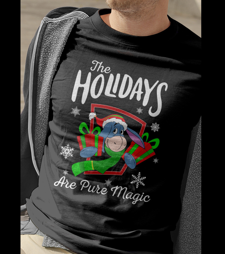 The Holidays Are Pure Magic Eeyore Wearing Santa Hat And Scarf Snowflakes And Presents T-Shirt