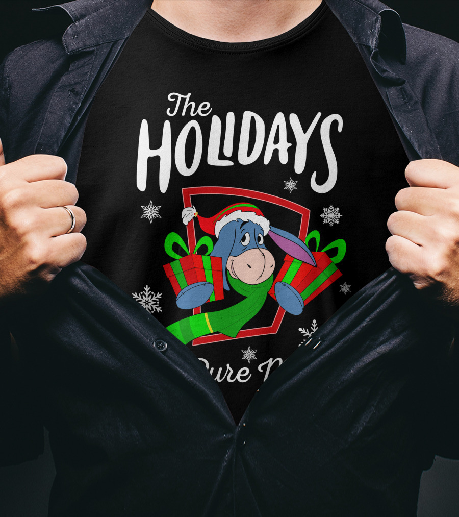 The Holidays Are Pure Magic Eeyore Wearing Santa Hat And Scarf Snowflakes And Presents T-Shirt
