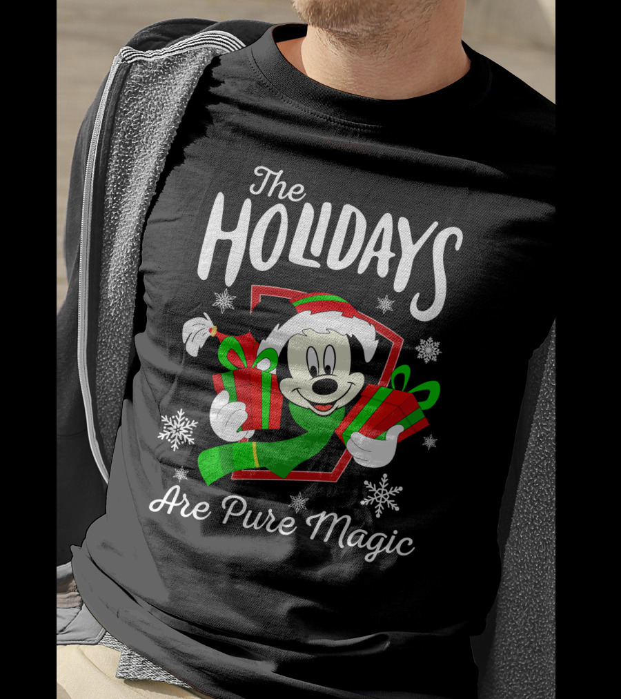 The Holidays Are Pure Magic Mickey Mouse Holding Gifts Snowflakes T-Shirt