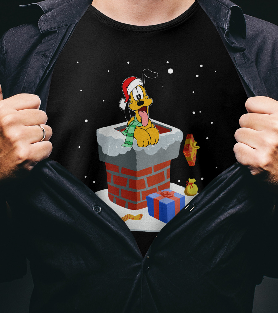 Pluto Christmas Chimney Santa Hat Holiday Scene T-Shirt
