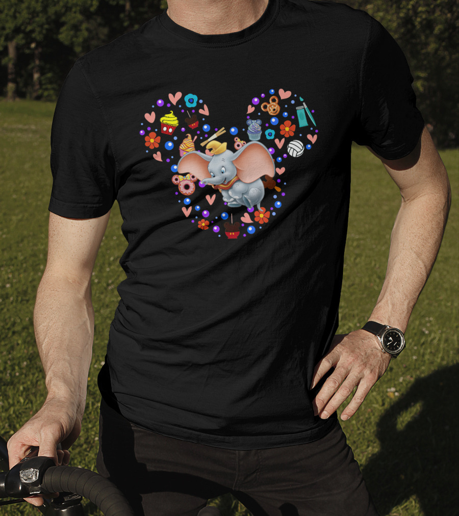 Dumbo With Mickey Mouse Icon And Colorful Desserts And Flowers T-Shirt