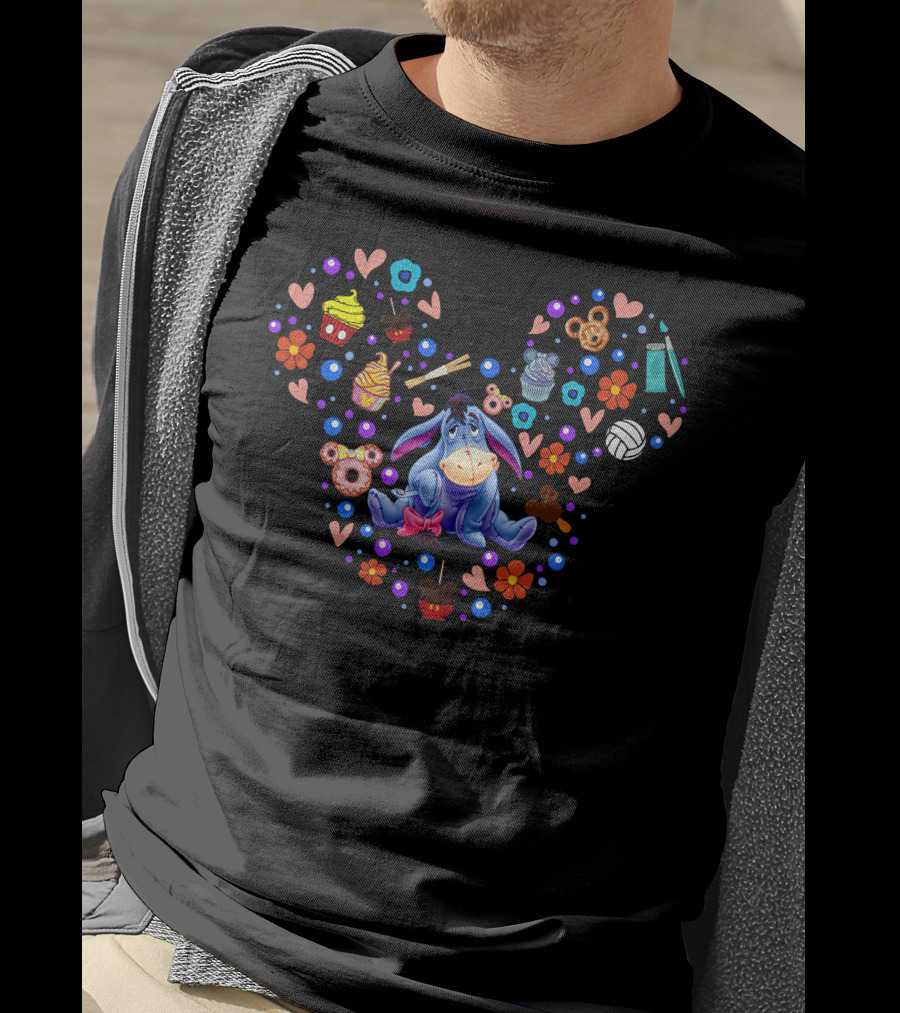 Eeyore Surrounded By Colorful Hearts And Treats In Iconic Mouse Head Shape T-Shirt