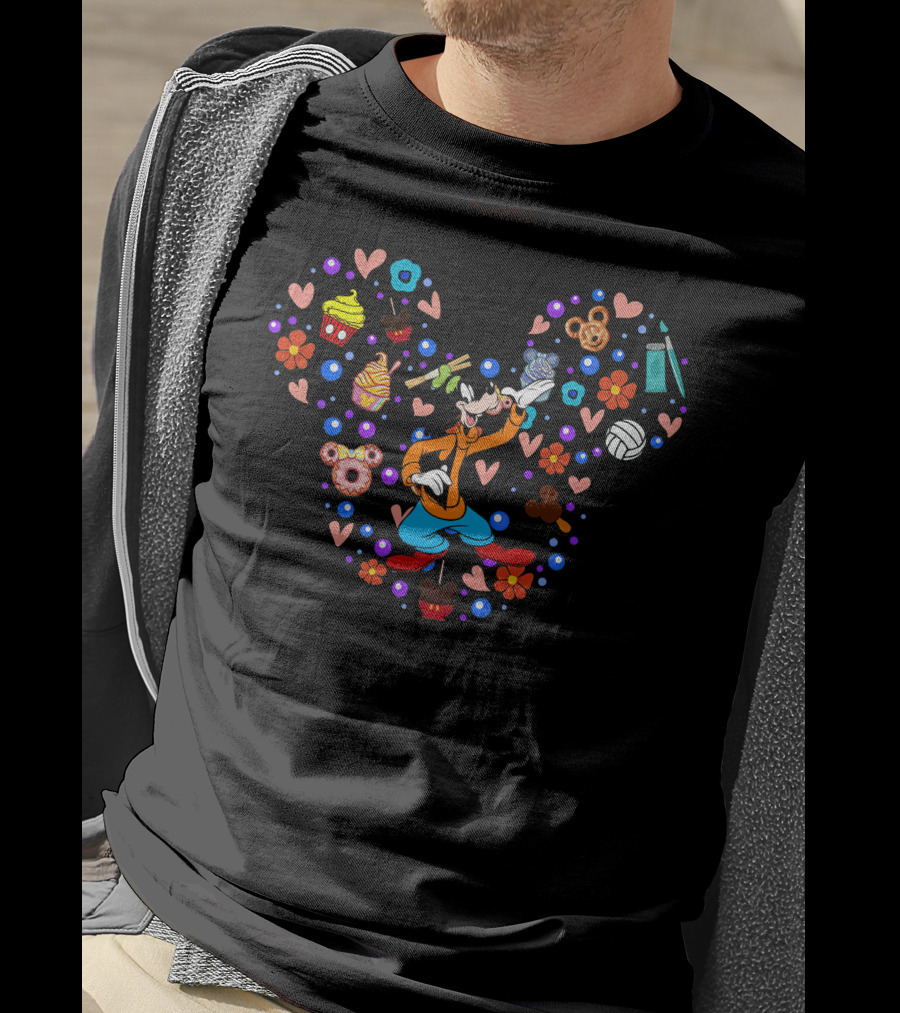 Goofy Character Surrounded By Colorful Snacks And Hearts With Mickey Ears T-Shirt