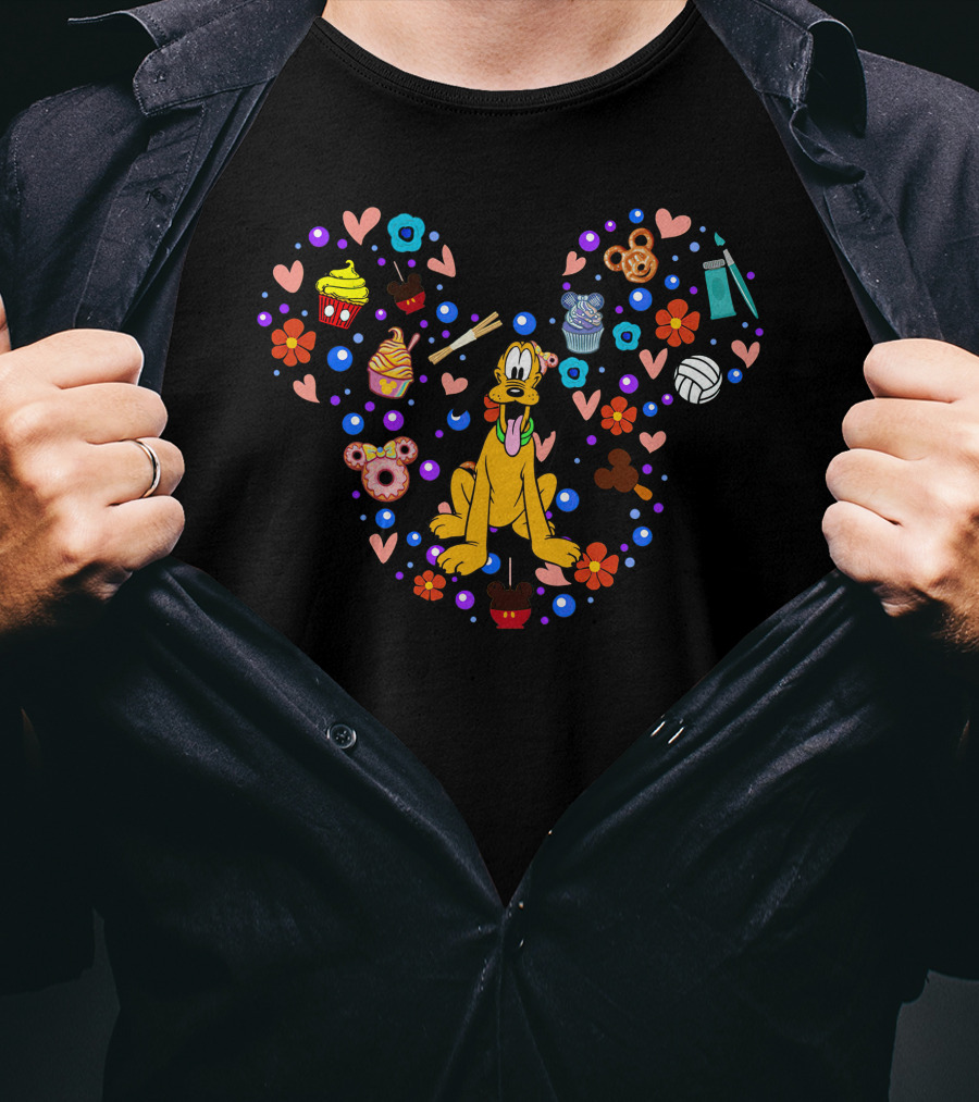 Pluto Surrounded By Hearts Flowers Snacks Mickey Pretzel T-Shirt