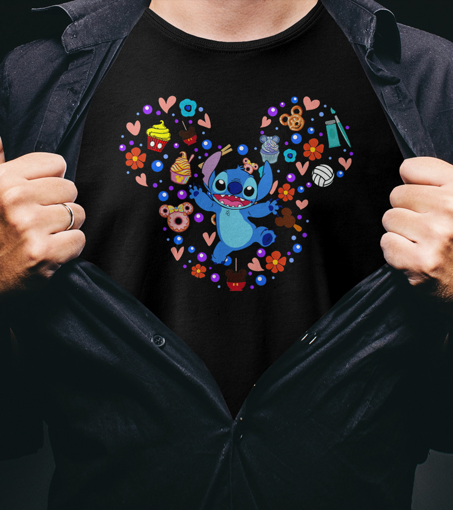 Stitch Cupcake Flowers Heart Delightfully Mischievous Disney Fan Favorite T-Shirt