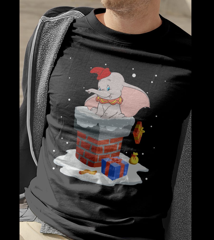 Dumbo Christmas Chimney Scene With Gifts And Snowflakes T-Shirt