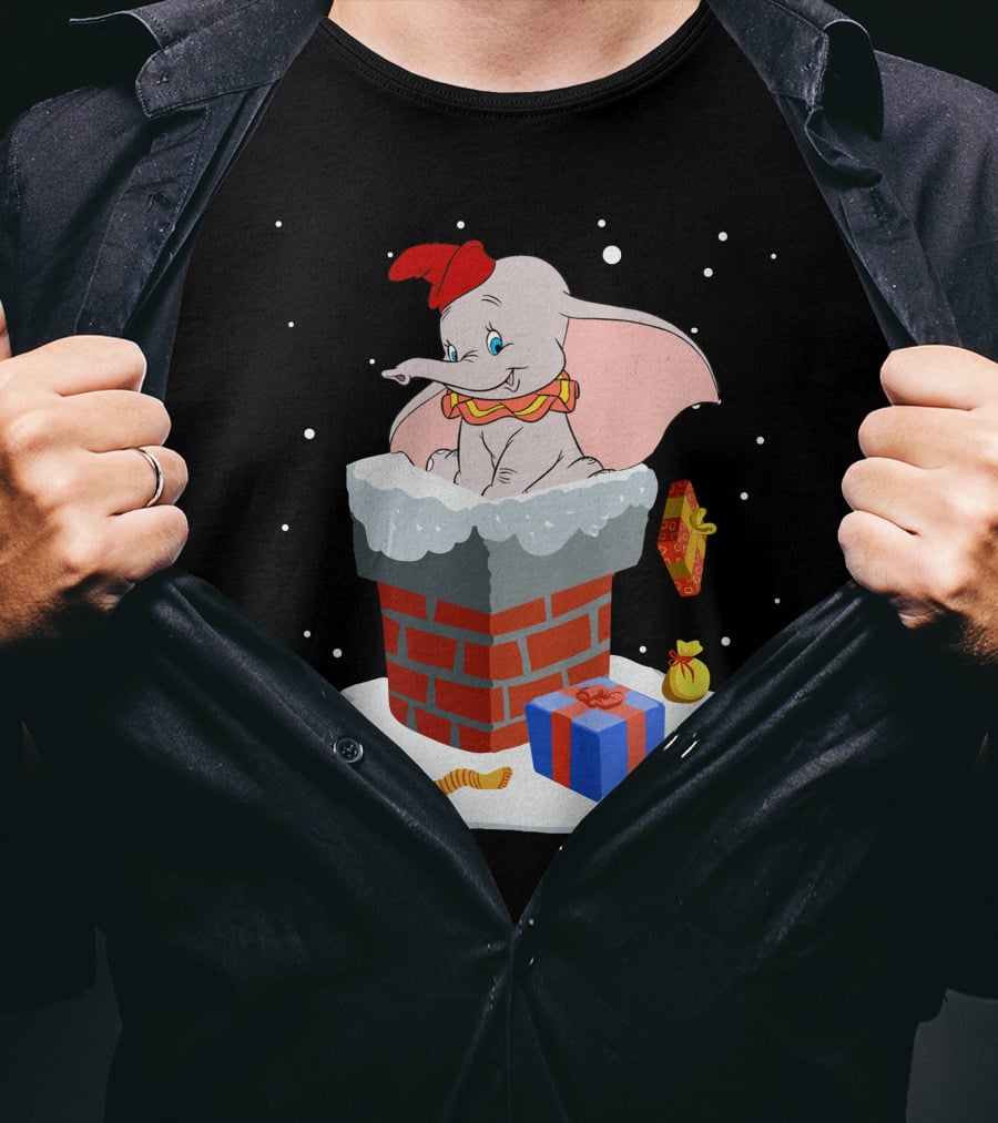 Dumbo Christmas Chimney Scene With Gifts And Snowflakes T-Shirt