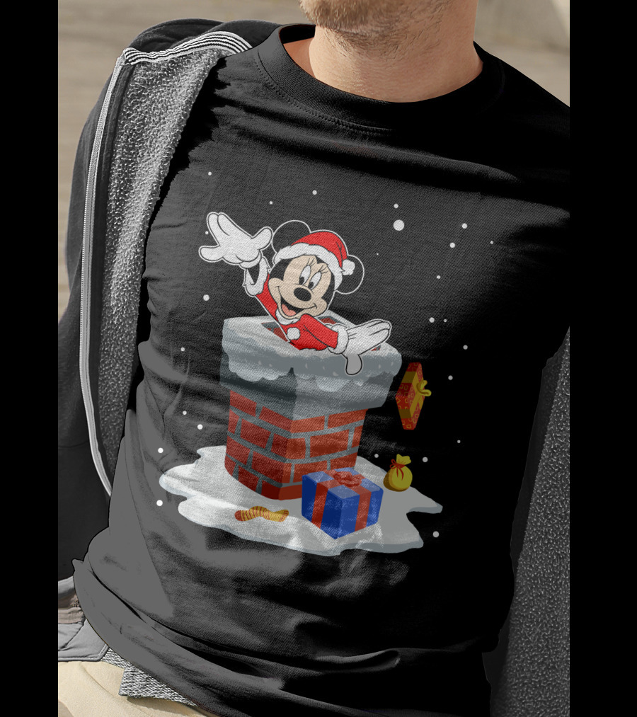 Minnie Mouse Santa In Chimney With Christmas Gifts And Snowflakes T-Shirt