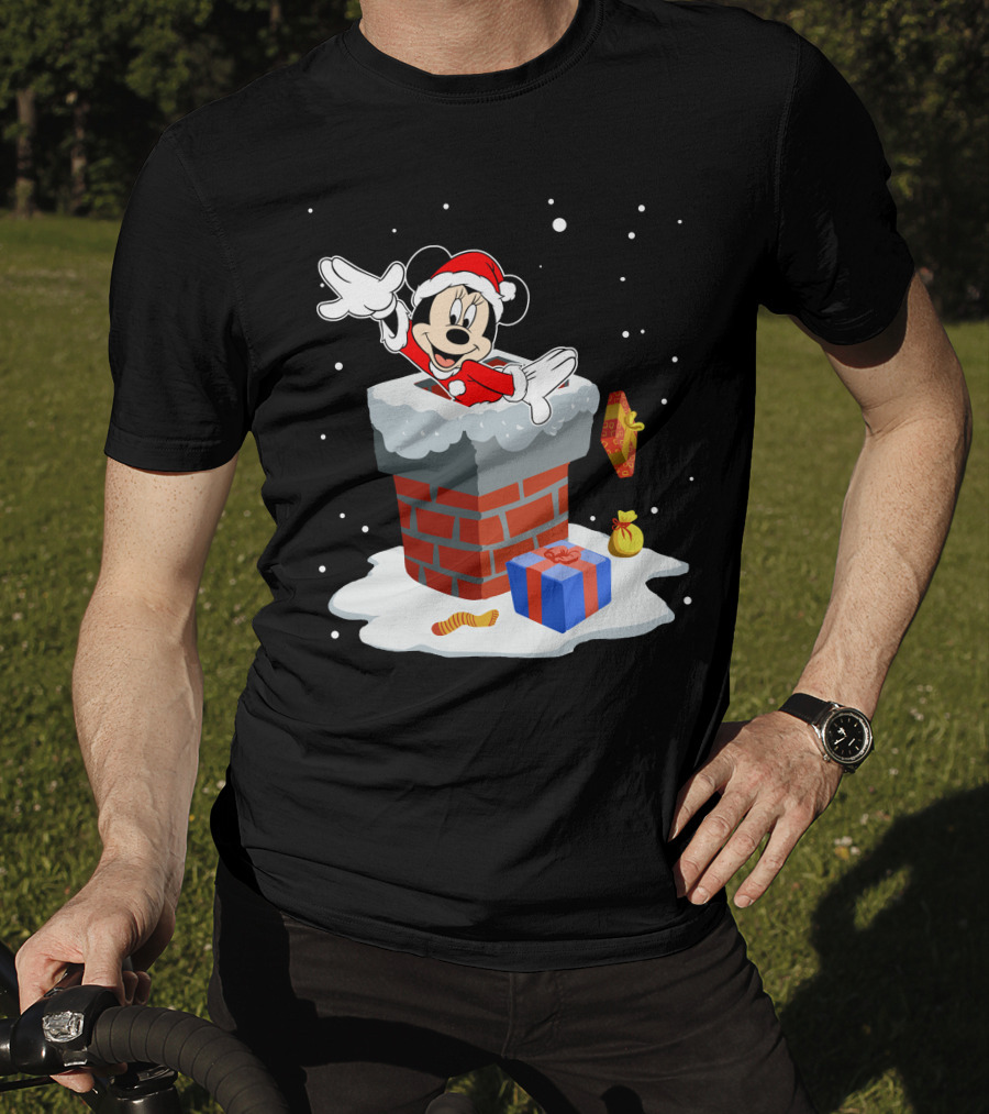Minnie Mouse Santa In Chimney With Christmas Gifts And Snowflakes T-Shirt